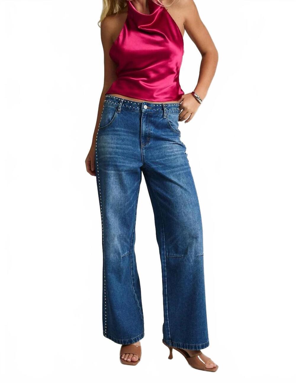 NEW LE LIS ashtin mid-rise denim pants with stud detail in dark wash